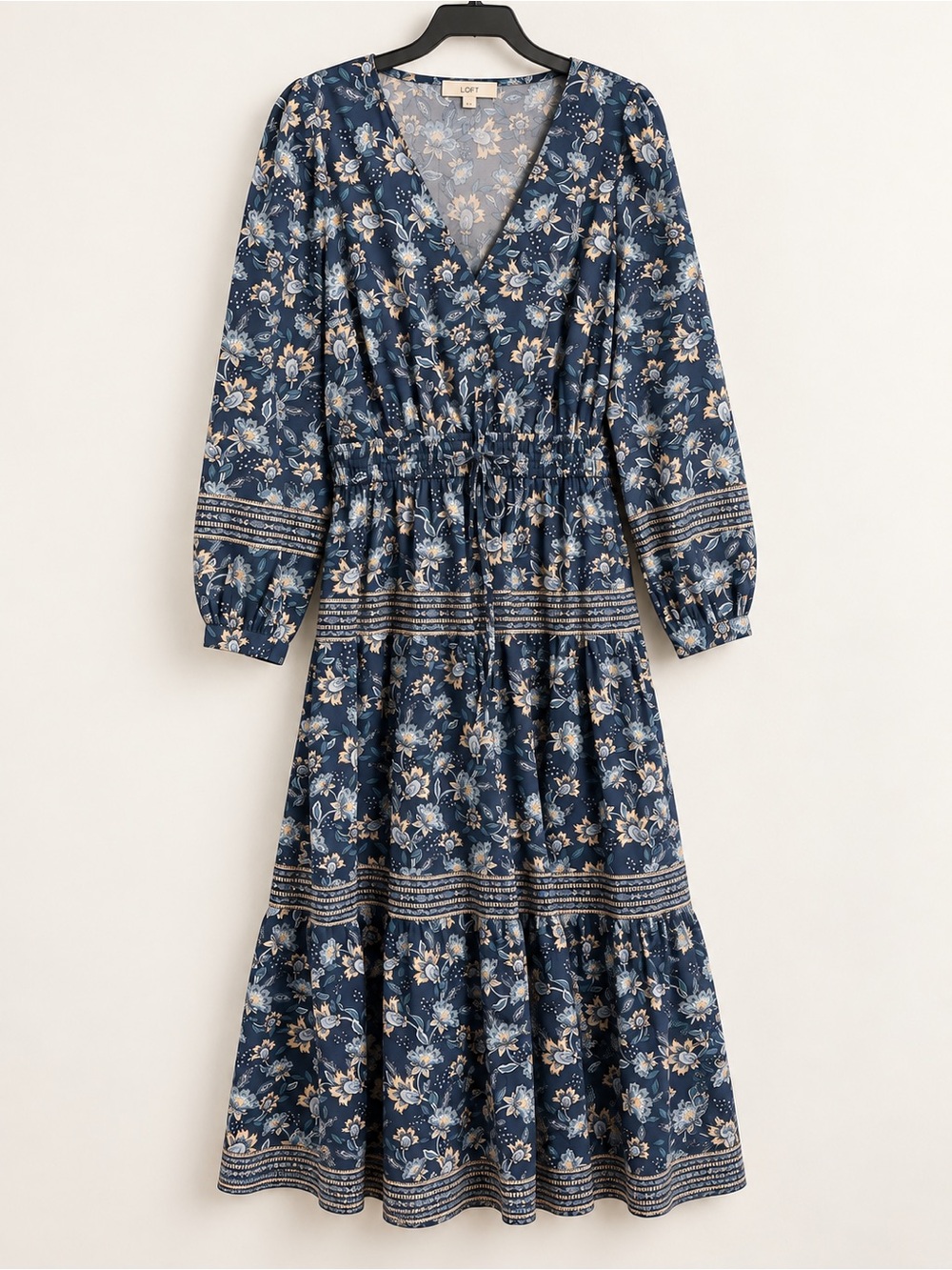 LOFT Navy Floral V-Neck Tiered Maxi Dress with Cream Accents